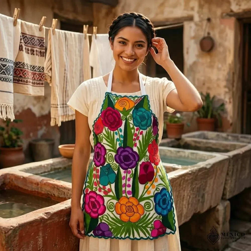 Mexican Embroidered Bib Apron for Women – Multicolor with Floral Design S M